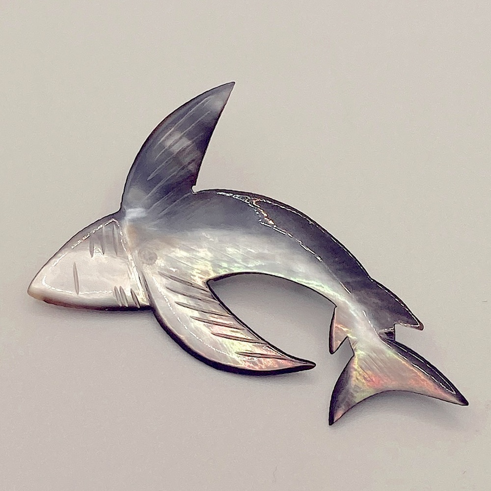 Vtg Mother Of Pearl MOP Abalone Shell Shark Carved Fish Brooch Pin 2.5”